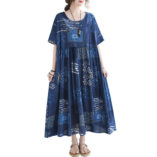 Plus Size Dress Women Summer Fashion Vintage Cotton Linen Dress Print O Neck Short Sleeve Loose Casual Bohemian Sundress Vestido