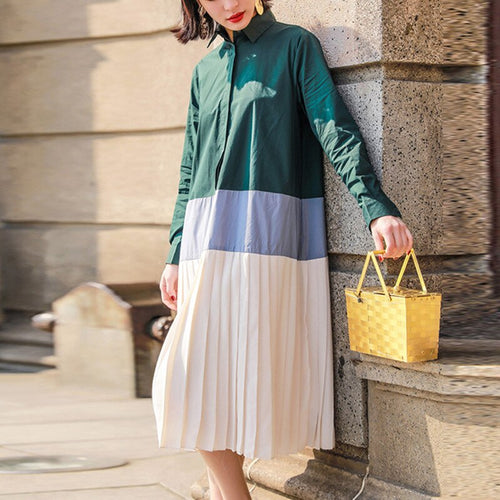 Plus Size Fashion Pleated Shirts Dress Women's Color-block Long Blouse Autumn Long Sleeve Patchwork Shirt Dress Female Blusas