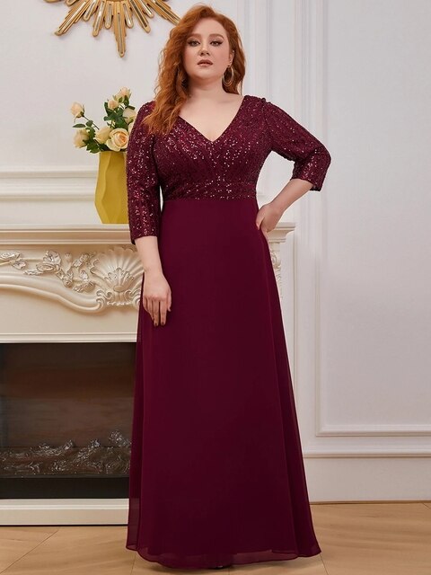 Plus Size Prom Dresses Long Sexy V Neck A-Line Sequin With 3/4 Sleeve 2023 ever pretty of Dark Green Bridesmaid dress Women