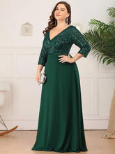 Load image into Gallery viewer, Plus Size Prom Dresses Long Sexy V Neck A-Line Sequin With 3/4 Sleeve 2023 ever pretty of Dark Green Bridesmaid dress Women
