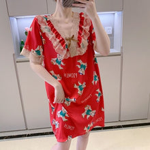 Load image into Gallery viewer, Plus Size Short Sleeve Sexy Lace V-neck Silk Satin Print Nightgowns for Women Hot Summer Sleepwear Nightdress Night Dress Nighty