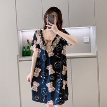 Load image into Gallery viewer, Plus Size Short Sleeve Sexy Lace V-neck Silk Satin Print Nightgowns for Women Hot Summer Sleepwear Nightdress Night Dress Nighty