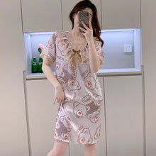 Load image into Gallery viewer, Plus Size Short Sleeve Sexy Lace V-neck Silk Satin Print Nightgowns for Women Hot Summer Sleepwear Nightdress Night Dress Nighty
