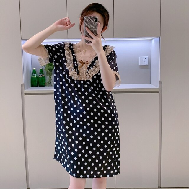 Plus Size Short Sleeve Sexy Lace V-neck Silk Satin Print Nightgowns for Women Hot Summer Sleepwear Nightdress Night Dress Nighty