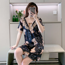 Load image into Gallery viewer, Plus Size Short Sleeve Sexy Lace V-neck Silk Satin Print Nightgowns for Women Hot Summer Sleepwear Nightdress Night Dress Nighty