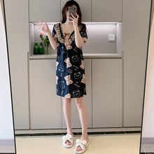 Load image into Gallery viewer, Plus Size Short Sleeve Sexy Lace V-neck Silk Satin Print Nightgowns for Women Hot Summer Sleepwear Nightdress Night Dress Nighty