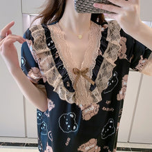 Load image into Gallery viewer, Plus Size Short Sleeve Sexy Lace V-neck Silk Satin Print Nightgowns for Women Hot Summer Sleepwear Nightdress Night Dress Nighty