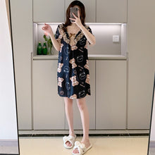 Load image into Gallery viewer, Plus Size Short Sleeve Sexy Lace V-neck Silk Satin Print Nightgowns for Women Hot Summer Sleepwear Nightdress Night Dress Nighty