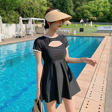 Load image into Gallery viewer, Plus Size Swimwear Women One Piece 2021 Push Up Black Swimsuit With Shorts Sleeve Conservative Swimdress Beach Bathing Suit Girl