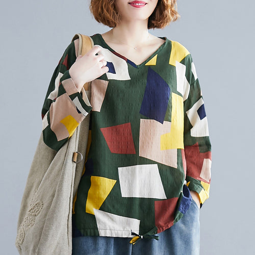 Plus Size Women Blouse Vintage Loose Blouse Geometrical Print V Neck Long Sleeve Drawstring Hem Large Shirt Casual Feminine Tops