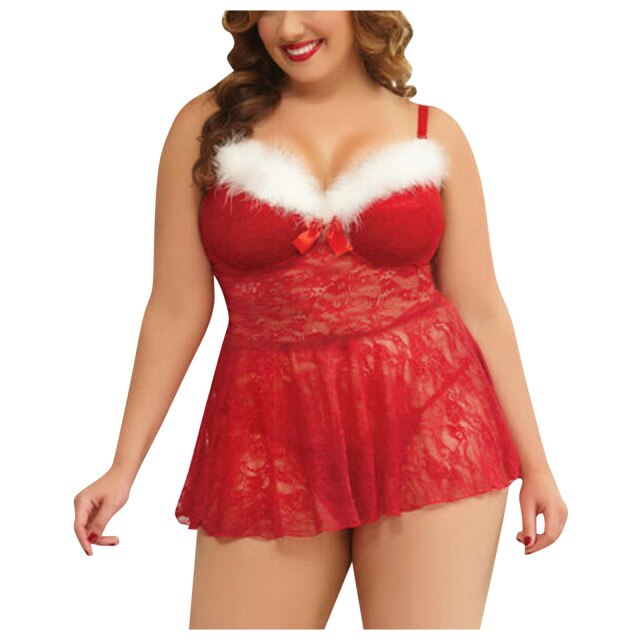 Plus Size Women Christmas Lingerie Dress Sling Underwear Sexy Tulle Lace Underwear Nightgown Sleepwear S-XXL