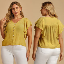 Load image into Gallery viewer, Plus Size Women Summer Fashion Top V Neck Button Up Butterfly Short Sleeve Blouses Femme Yellow XL XXL XXXL 4XL
