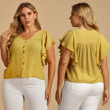 Load image into Gallery viewer, Plus Size Women Summer Fashion Top V Neck Button Up Butterfly Short Sleeve Blouses Femme Yellow XL XXL XXXL 4XL
