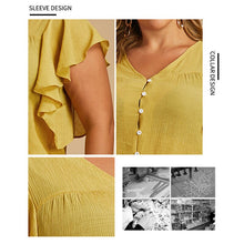 Load image into Gallery viewer, Plus Size Women Summer Fashion Top V Neck Button Up Butterfly Short Sleeve Blouses Femme Yellow XL XXL XXXL 4XL