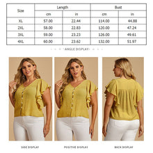 Load image into Gallery viewer, Plus Size Women Summer Fashion Top V Neck Button Up Butterfly Short Sleeve Blouses Femme Yellow XL XXL XXXL 4XL