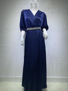 Plus Size Women's Diamond Belt Puff Sleeve Dress Evening Dress Turkish Long Muslim Robe Abaya Kimono Jalabiya Dress Dubai