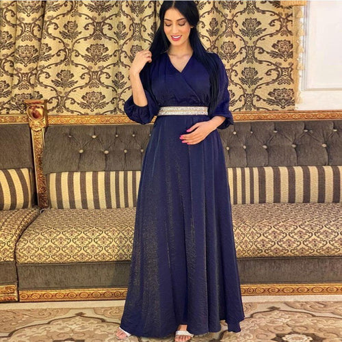 Plus Size Women's Diamond Belt Puff Sleeve Dress Evening Dress Turkish Long Muslim Robe Abaya Kimono Jalabiya Dress Dubai