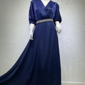 Plus Size Women's Diamond Belt Puff Sleeve Dress Evening Dress Turkish Long Muslim Robe Abaya Kimono Jalabiya Dress Dubai