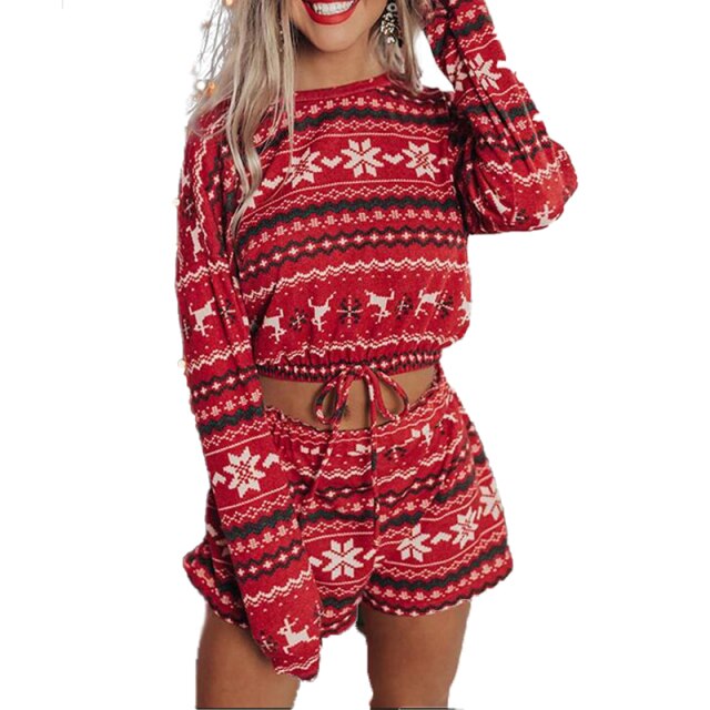 Plus size Christmas print Cotton Clothes  O-Neck Long sleeve shorts Two piece outfits for women Tracksuit