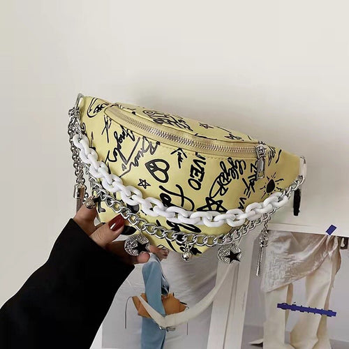 Pochete feminina com corrente, bolsa de cintura com estampa grafite, luxuosa bolsa de cintura com alça de ombro crossbody de alt