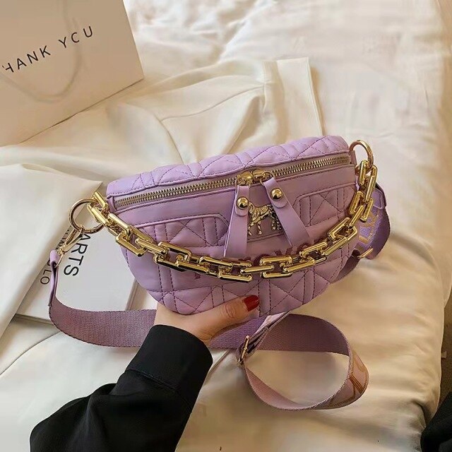 Pochete xadrez couro feminina, bolsa tiracolo de ombro crossbody de luxo com correnteWaist bag