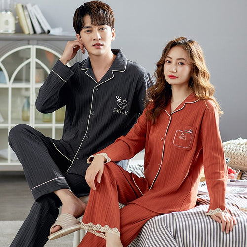 Pocket Printing Cotton Long Sleeve Long Pants Sleepwear Fashion Style Pajamas Set Man and Woman Pijama Set Pj Set Spring Autumn