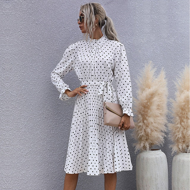 Polka Dot Print Dress Women Casual Half Turtleneck Butterfly Sleeve Autumn Winter Slim Bandage Dress For Women 2021 New Fashion