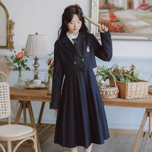 Load image into Gallery viewer, Preppy Style JK Sling Dress Suit Female Fall Striped Tie Lapel White Shirt Lady+Square Collar Retro Pleated Dress Set ropa mujer