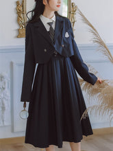 Load image into Gallery viewer, Preppy Style JK Sling Dress Suit Female Fall Striped Tie Lapel White Shirt Lady+Square Collar Retro Pleated Dress Set ropa mujer