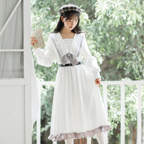 Preppy Style Retro Girl Navy Collar Dress Lovely Female 2021 Autumn Ruffle Stitching Bow Cute Kawaii Dress Vestidos With Belt
