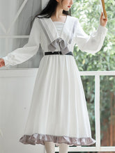 Load image into Gallery viewer, Preppy Style Retro Girl Navy Collar Dress Lovely Female 2021 Autumn Ruffle Stitching Bow Cute Kawaii Dress Vestidos With Belt