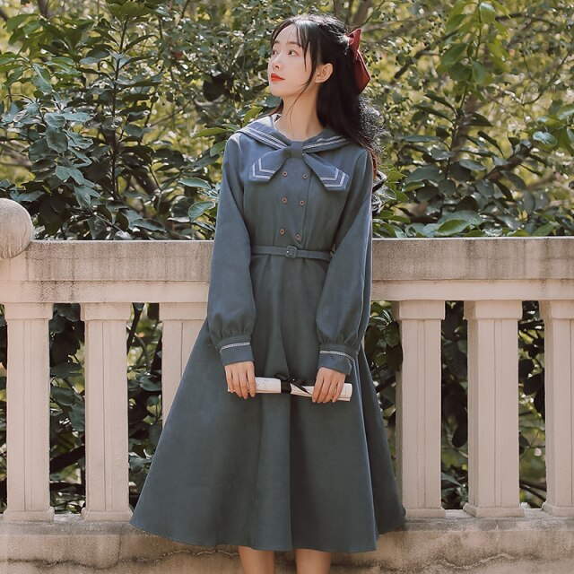 Preppy Style Sweet Cute Dress Women's Mori Bow Tie Cross Neckline Design Sense Retro Literary Autumn Kawaii Dress Vestido Midi