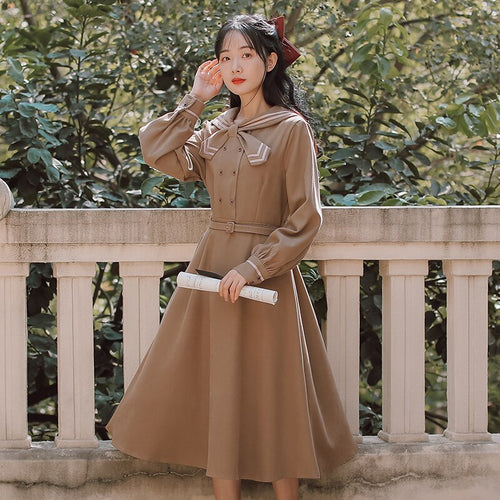 Preppy Style Sweet Cute Dress Women's Mori Bow Tie Cross Neckline Design Sense Retro Literary Autumn Kawaii Dress Vestido Midi