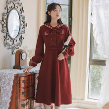 Load image into Gallery viewer, Preppy Style Sweet Cute Dress Women&#39;s Mori Bow Tie Cross Neckline Design Sense Retro Literary Autumn Kawaii Dress Vestido Midi