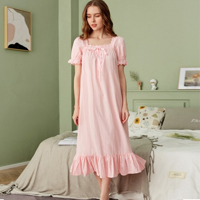 Princess Short Sleeve Nightgowns Pink Long Nightdress Loose Cotton Sleepshirts Retro Sleep Tops Women Sleepwear Night Dress Sexy