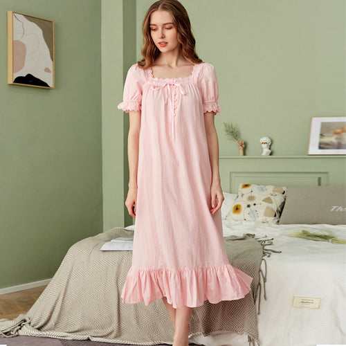 Princess Short Sleeve Nightgowns Pink Long Nightdress Loose Cotton Sleepshirts Retro Sleep Tops Women Sleepwear Night Dress Sexy