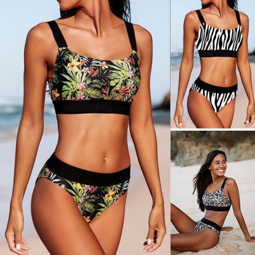 Print Bikinis 2021 Swimsuits Bandeau Striped Swimwear Women Splicing Biquini Beachwear Sports Ribbed Leopard Bathing Suits