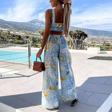 Load image into Gallery viewer, Print Boho Women&#39;s 2 Piece Suits Summer Spaghetti Strap Crop Tops Female Split Wide Leg Pant Set 2021 Sexy Beach Vacation Suit