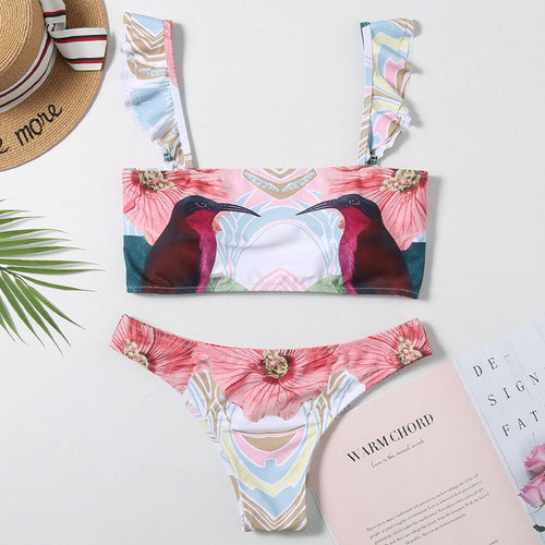 Print Ruffled Cut Out Bikini Sets Sexy Lace Up Swimsuit Two Pieces Swimwear Women 2021 Beach Bathing Suits Biqini