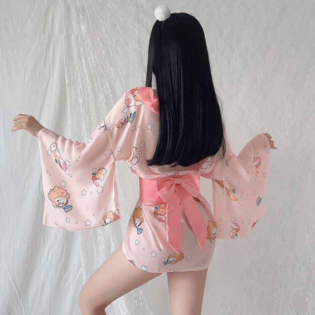 Print Silk Japanese Kimono Dress Cosplay For Women Sleepwear Uniform Robe Floral Bathrobe Sexy Pajamas
