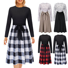 Load image into Gallery viewer, Print Splice O Neck Midi Dress High Waist Women Casual Dress Belted Splicing Spring Autumn Elegant Ladies Long Dresses Vestidos