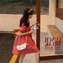 Load image into Gallery viewer, Puff Short Sleeve Solid Color and V-neck Dress Female Small Student Sweet First Love A- line Girl&#39;s Dress 2021summer Dress