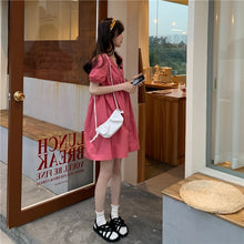 Load image into Gallery viewer, Puff Short Sleeve Solid Color and V-neck Dress Female Small Student Sweet First Love A- line Girl&#39;s Dress 2021summer Dress
