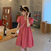 Load image into Gallery viewer, Puff Short Sleeve Solid Color and V-neck Dress Female Small Student Sweet First Love A- line Girl&#39;s Dress 2021summer Dress
