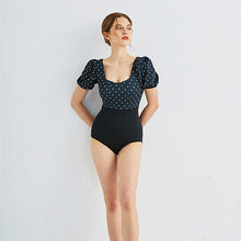 Load image into Gallery viewer, Puff Sleeve One Piece Swimsuit Women Dot Print Swimwear Short Sleeves Monokini Swim Suit Trikini Padded Bathing Suit with Skirt