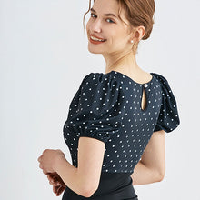 Load image into Gallery viewer, Puff Sleeve One Piece Swimsuit Women Dot Print Swimwear Short Sleeves Monokini Swim Suit Trikini Padded Bathing Suit with Skirt