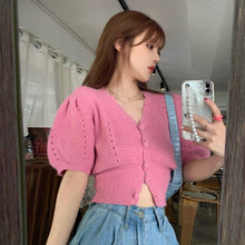 Load image into Gallery viewer, Puff Sleeve Sweater Women&#39;s New Design V-neck Thin Cardigan Hot Girl Style Short Knit Tops Women Elegant Sweet Hipster Sueter