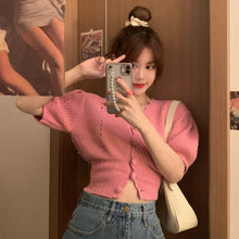 Load image into Gallery viewer, Puff Sleeve Sweater Women&#39;s New Design V-neck Thin Cardigan Hot Girl Style Short Knit Tops Women Elegant Sweet Hipster Sueter
