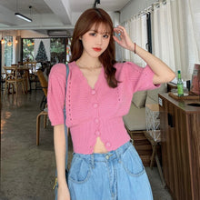 Load image into Gallery viewer, Puff Sleeve Sweater Women&#39;s New Design V-neck Thin Cardigan Hot Girl Style Short Knit Tops Women Elegant Sweet Hipster Sueter