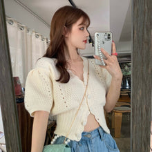 Load image into Gallery viewer, Puff Sleeve Sweater Women&#39;s New Design V-neck Thin Cardigan Hot Girl Style Short Knit Tops Women Elegant Sweet Hipster Sueter